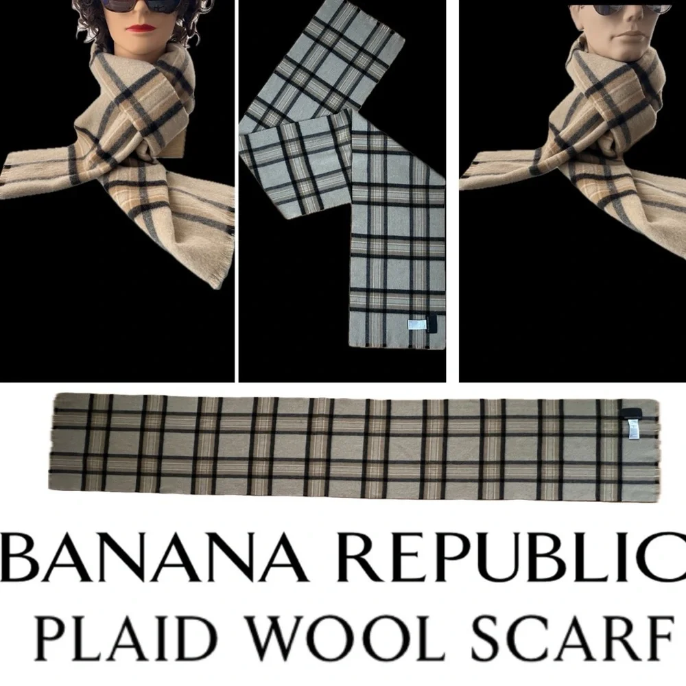 🐑NWOT? Soft Plaid Wool Banana Republic Unisex Scarf | Black & Tan/Maverick Tan